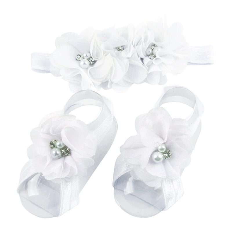 Ldcx Baby girls infant crochet butterfly headbands and knitted flower barefoot sandals.(BBFJ3) (Flower White) - Image 1